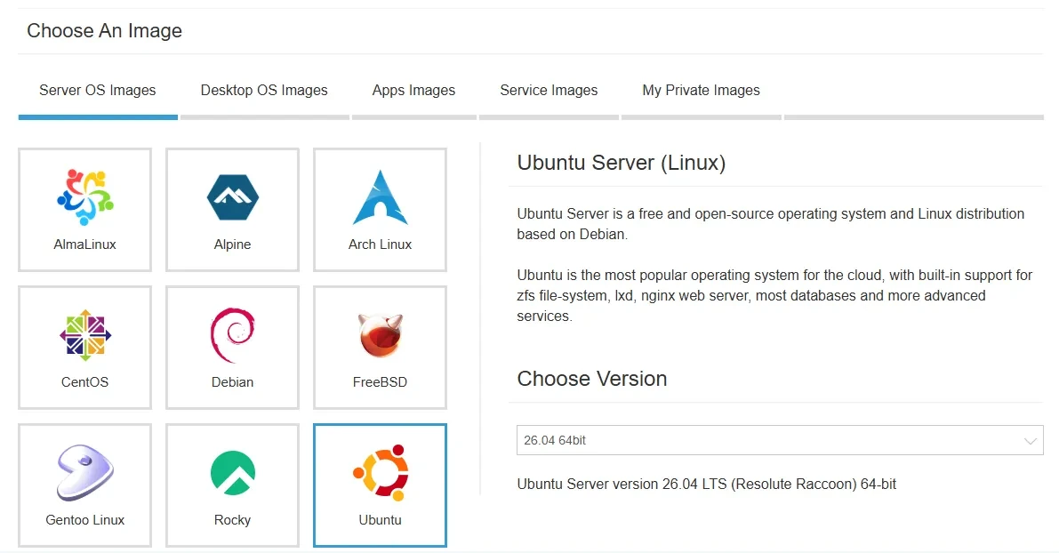 Choose operating system (OS): Ubuntu, latest version