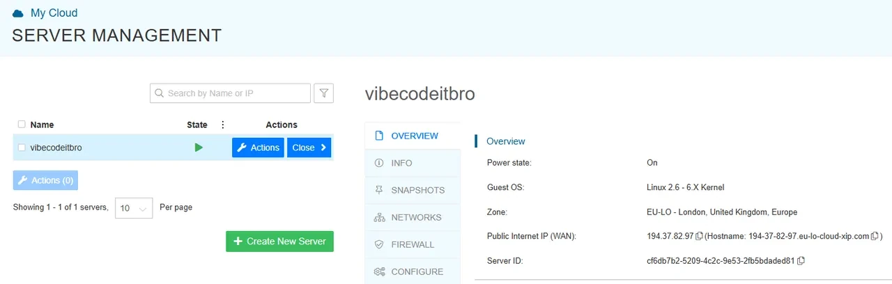 Server running - note the IP address
