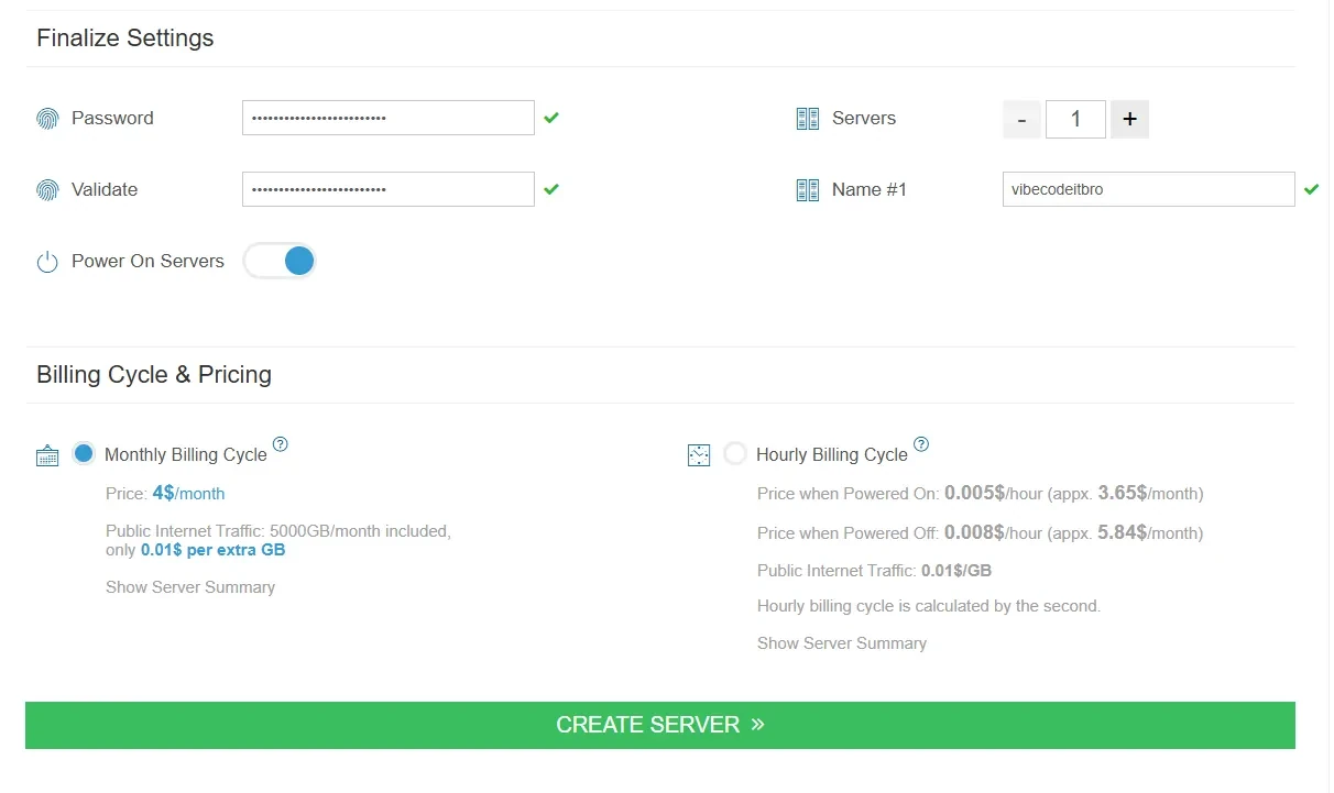 Set root password, name server, and billing cycle, then create the server