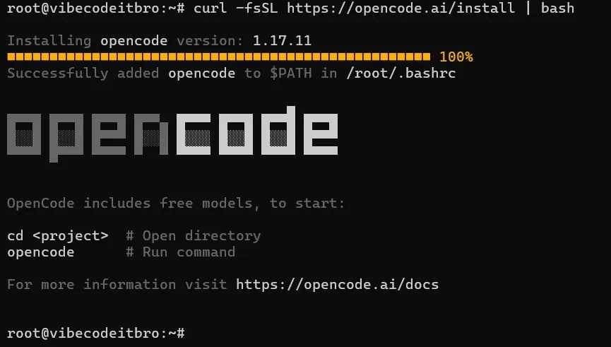 OpenCode installed - run source ~/.bashrc