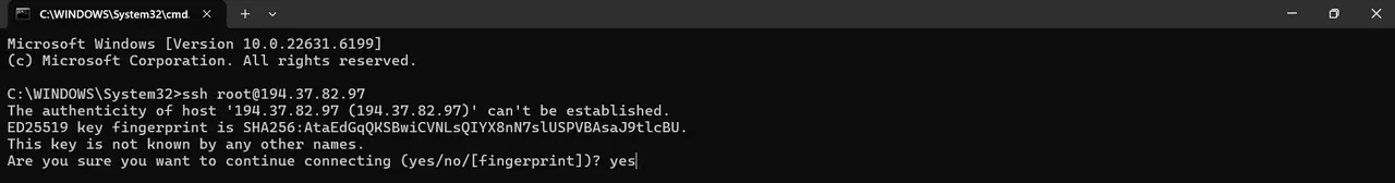 Type yes to accept the host key
